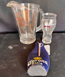 Vintage Heilman's Special Pitcher, Samuel Adams Glass Cup, & Corona Coozie