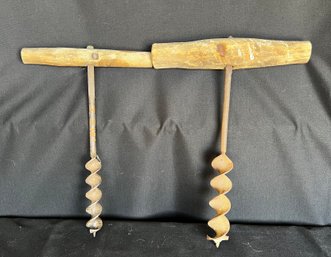 Antique T-Handle Hand Turn Auger Drill, Wood Handle (2)