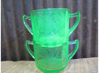 Uranium Green Glass, Poinsettia Sugar Bowl, Qty 2, Jeannette Glass Co