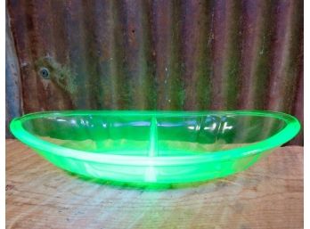 Vintage Uranium Green Glass, Divided Oval Dish, Relish/Candy Dish
