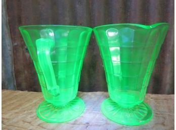 Vintage Uranium Green Glass, Block Optic Creamer & Sugar Set, Marked 'AH'