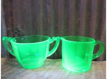 Vintage Uranium Green Glass, Creamer & Sugar Set