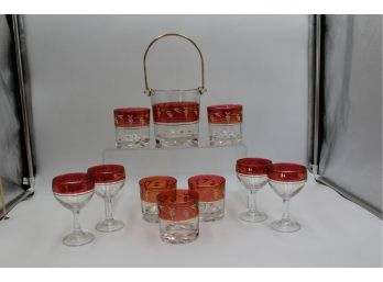 Cranberry Glass Ice Bucket And Glasses