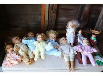 Vintage Dolls And Wood Cradle