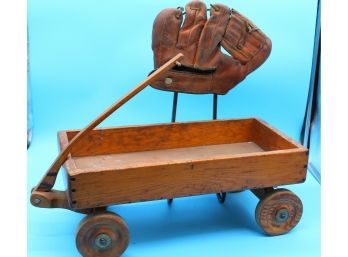 Beautiful Wooden Wagon With Vintage Baseball Mitt