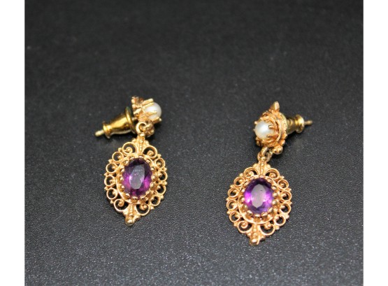 14k Gold Amethyst/pearl Pierced Earrings