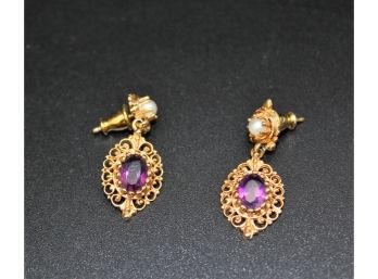 14k Gold Amethyst/pearl Pierced Earrings