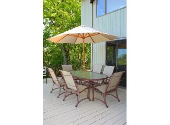 Outdoor Table Set 6 Chairs Umbrella/base Glass Table  LOCAL AVAILABLE MOVER