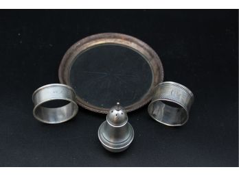 2 Sterling Napkin Ring With Initials With Small Dish And Salt Shaker