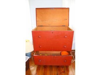 Antique Red Painted Mule Blanket Chest With Drawer