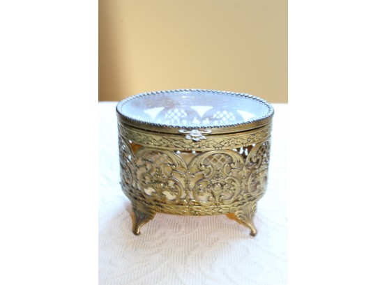 Vintage Gold Filigree Trinket Box Oval Shaped Beveled Glass Jewelry Casket