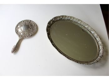 Filigree Mirror Vanity Make-Up Tray With Silver Plated Hand Mirror