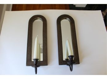 Pair Of Mirror Sconces In A Honeycomb Frame