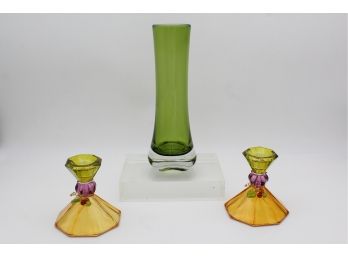 Glass Vase & Candlesticks