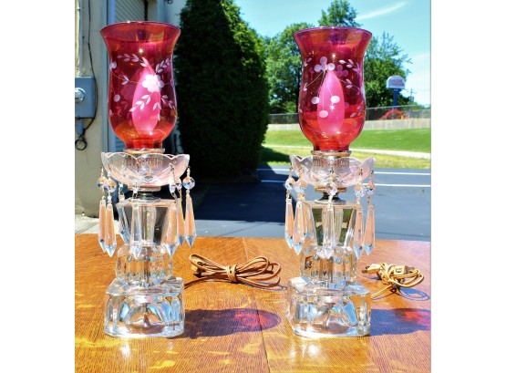 Pair Of Handblown & Etched Hurricane Lamps