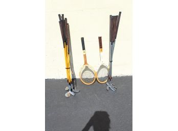 2 Sets Of Golf Clubs & 2 Vintage Tennis Rackets
