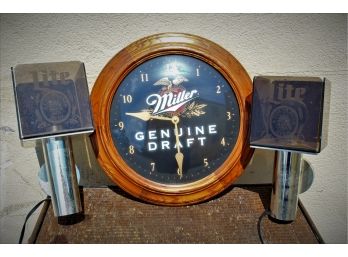 Pair Of Miller Lite Torch Lights & Miller Genuine Draft Clock