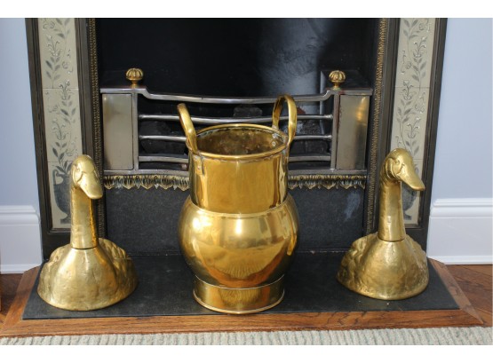 Solid Brass Duck Andirons & Bucket