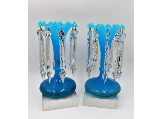 Pair Of Blue Opaline Glass Girandole Vases