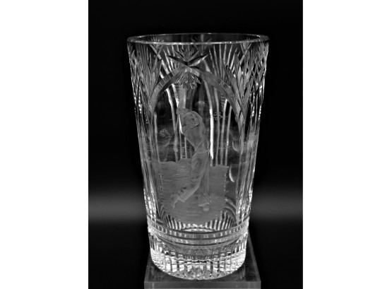 Cut Crystal Vase With Etched Golfer