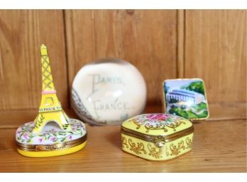 Set Of 3 Limoges Pill Boxes & Paris France Paperweight