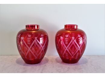 Pair Of Cranberry Glass Vases