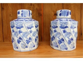 Pair Of Blue & White Floral Canisters