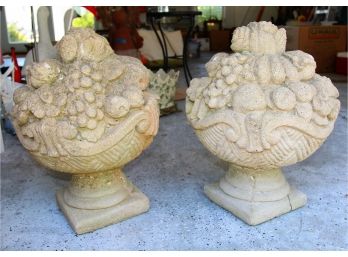 Pair Of Cement Fruit Basket Statues