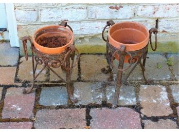 Pair Of Terra Cotta Pots With Iron Base