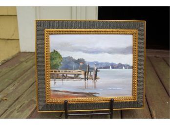 Framed Water Scene With Dock Painting