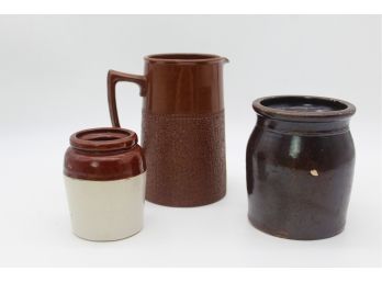 Vintage Clay Bean Pots And Pitcher