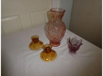Vintage Glass Vase & Candleholders