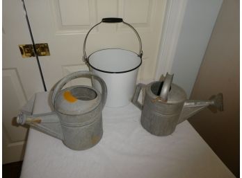 Vintage White Enamel Bucket & Watering Cans