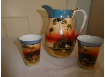 Vintage Japanese Hand Painted Pitcher & Glasses