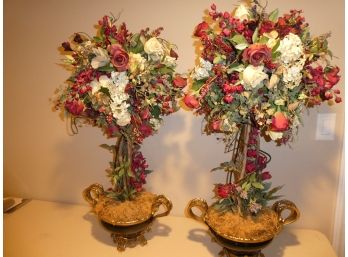 Pair Of Faux Rose Decorative Arrangements