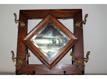 Antique Oak Mirror With Hooks