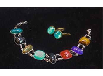 Colorful Sterling Scarab Bracelet & Earrings