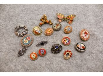 17 Assorted Pins Including DiNicola, Erwin & Pearl, Italian Mosaic & Sterling Pieces