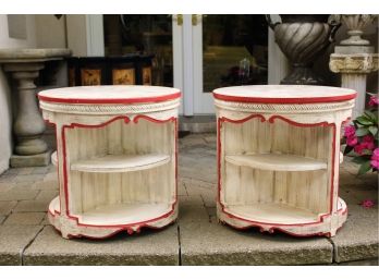 Pair Of Round Tables With Red Trim