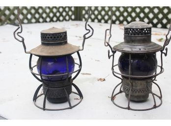 Pair Of Antique Cobalt Blue Glass Oil Lanterns