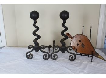 Pair Of Antique Wrought Iron Andirons & Bellows