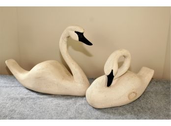 Signed Wooden Pair Of Swans