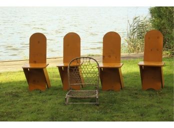Vintage 4 Folding Chairs And 1 Teak & Rawhide Boat Chair