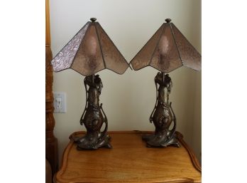 Pair Of Art Nouveau Jennings Bros Lamps With Stained Glass Shades