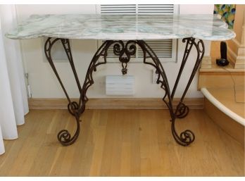 Antique Marble Top Table With Scrolled Iron Base
