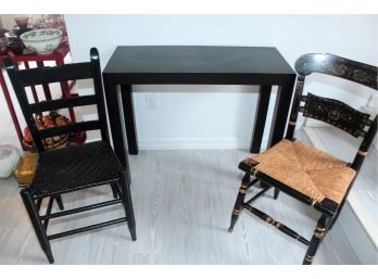 Small Black Table & 2 Antique Chairs