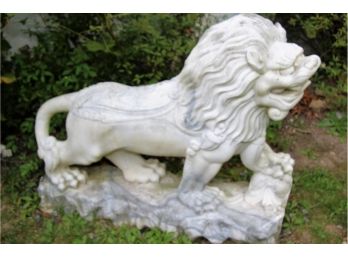 Majestic Pair Of Vintage Carved Marble Guardian Lions