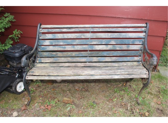 Antique Wood Bench With Cast Iron Legs And Lion Face Heads