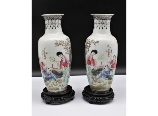 Pair Of Asian Vases With Opposite Scenes