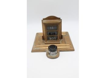 Antique Solid Brass Inkwell & Double Sided Calendar
